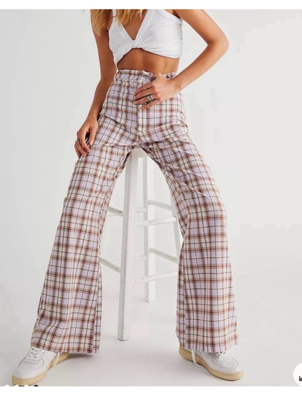 Free People Plaid Pants with Gold Logo Accent in Cream & Brown